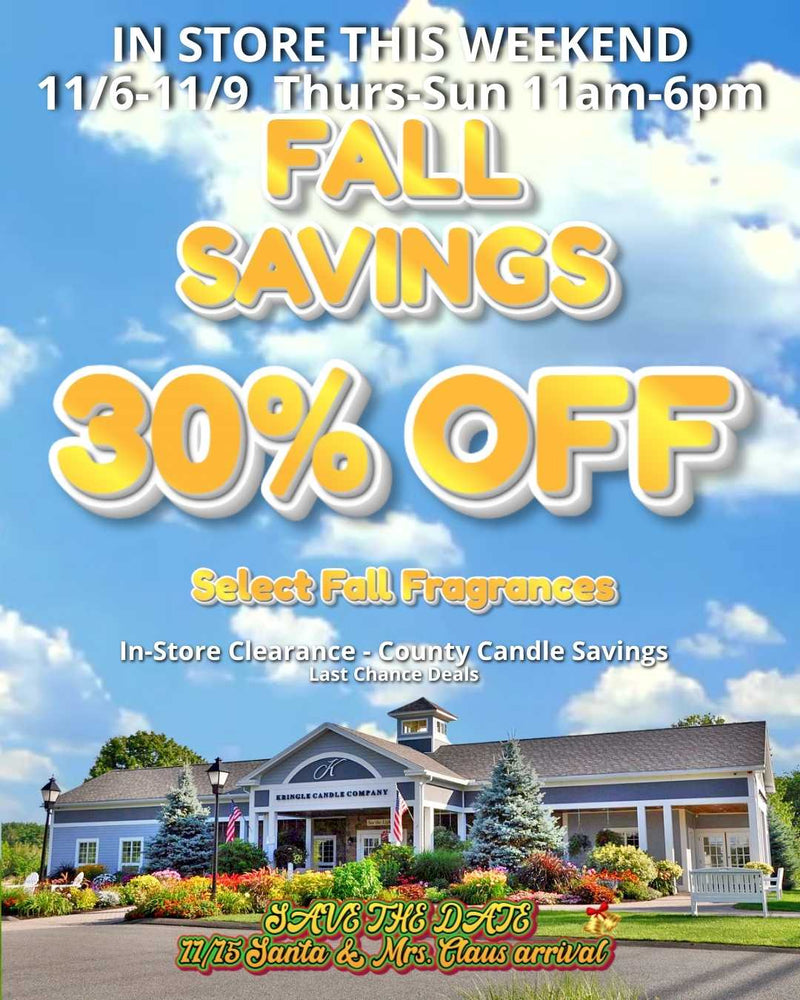 Kringle Candle Flagship Store decorated for fall, surrounded by bright mums and pumpkins under a blue sky. Text overlay reads “Fall Savings 30% OFF Select Fall Fragrances — In-Store This Weekend.”