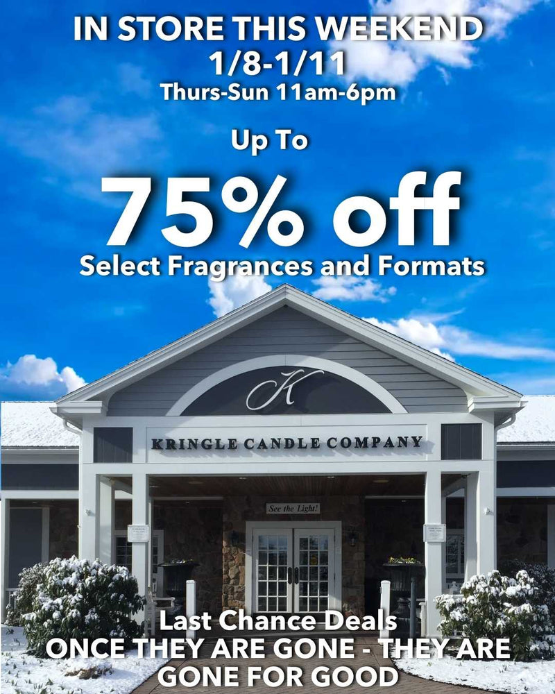Kringle Candle flagship store exterior on a winter day with promotional text highlighting an in-store sale offering up to 75% off select fragrances and formats, available January 8–11 from 11am to 6pm.