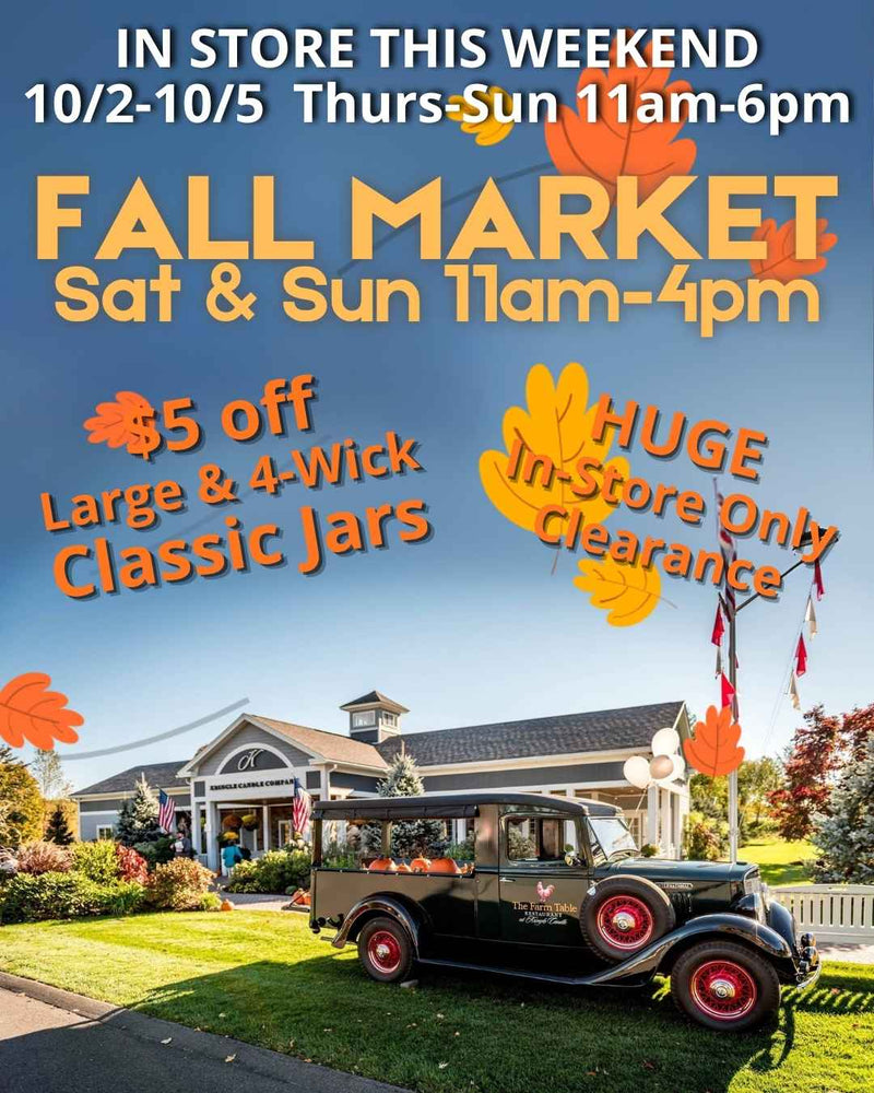 Fall Market weekend promotion poster featuring Kringle Candle’s flagship store with vintage car out front. Text highlights October 2–5 in-store only specials: $5 off Large & 4-Wick Classic Jars and a huge clearance event. Event runs Thursday–Sunday, 11 AM–6 PM.