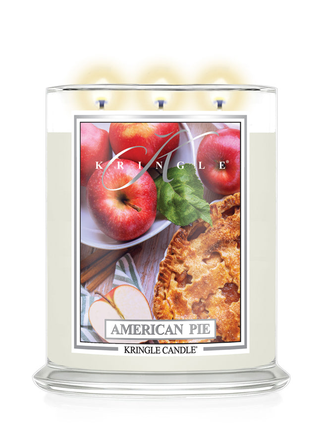 Kringle Candle with 'American Pie' design featuring apples and pie on a white background