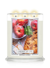 Kringle Candle with 'American Pie' design featuring apples and pie on a white background