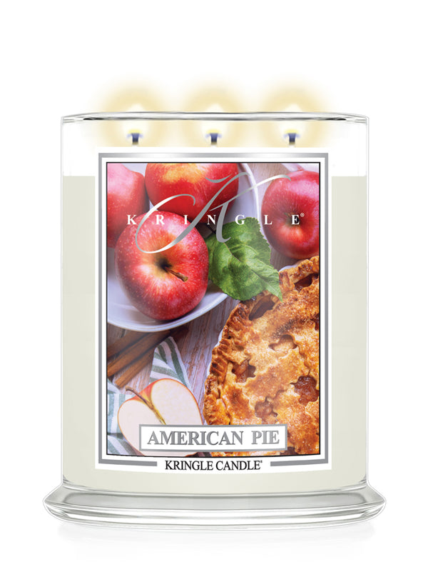 Kringle Candle with 'American Pie' design featuring apples and pie on a white background
