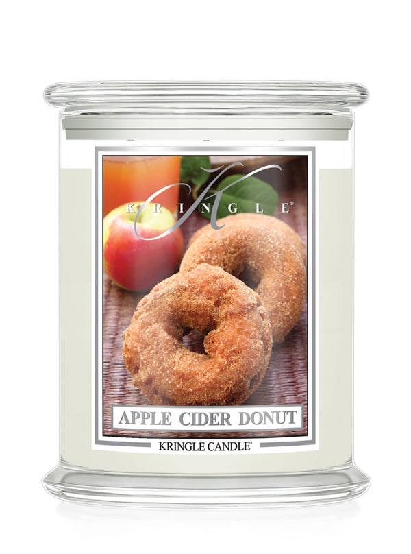 Kringle Candle with 'Apple Cider Donut' label on a white background