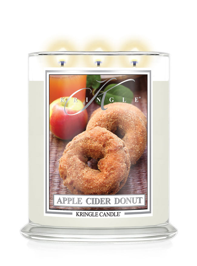 Kringle Candle with 'Apple Cider Donut' label on a white background