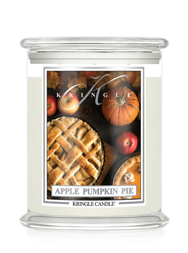 Kringle Candle Apple Pumpkin Pie scented candle with a pie and autumn elements on the label.