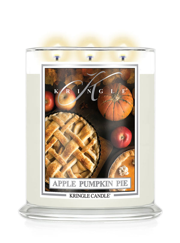 Kringle Candle with 'Apple Pumpkin Pie' label on a white background