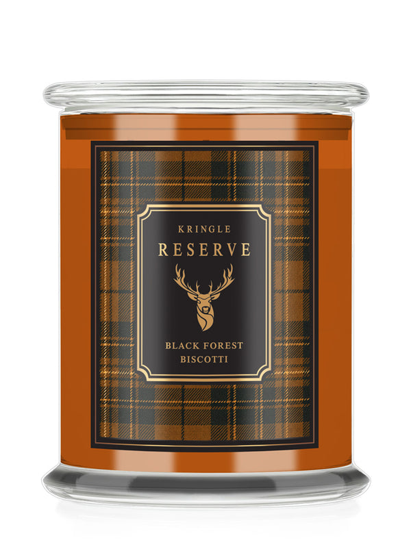 Kringle Candle Reserve brown candle jar and plaid label with text "Candied Gingerbread."