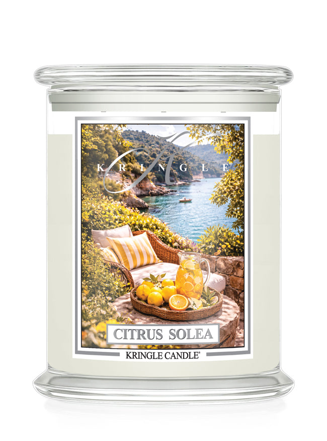 Kringle Candle large 3-wick Citrus Solea with scenic label on a white background