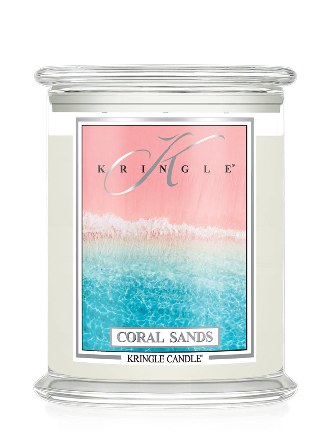 Kringle Candle with 'Coral Sands' design on a white background