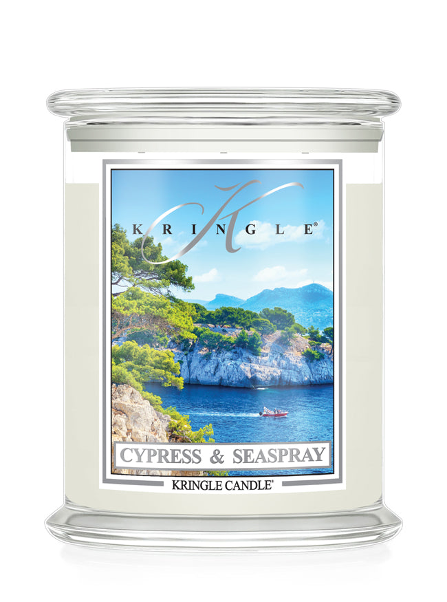 Kringle Candle with Cypress & Seaspray design on a scenic label