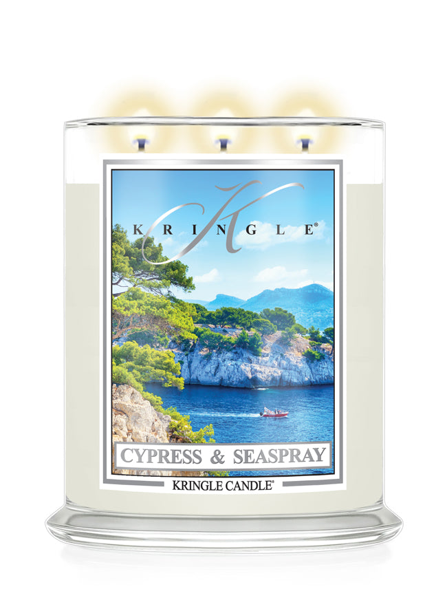 Kringle Candle with Cypress & Seaspray design on a scenic label