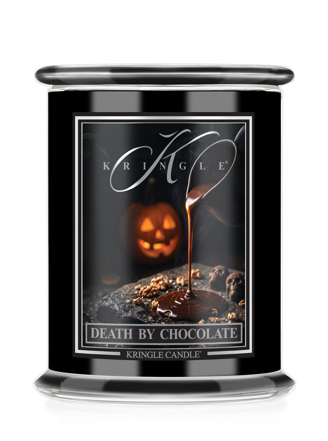 A Kringle Candle jar with a black body and a clear glass top and base, featuring a Halloween-themed label that reads 'Death by Chocolate' with a jack-o'-lantern and chocolate drizzle graphic.