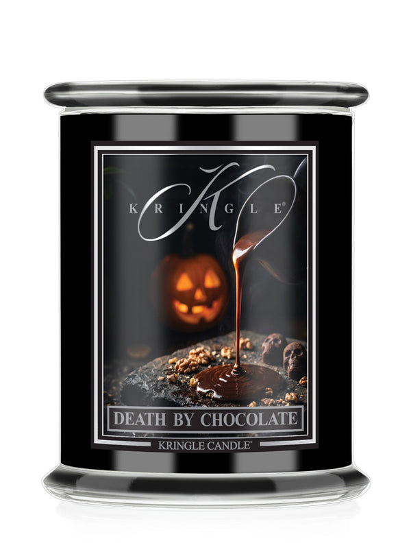A Kringle Candle jar with a black body and a clear glass top and base, featuring a Halloween-themed label that reads 'Death by Chocolate' with a jack-o'-lantern and chocolate drizzle graphic.