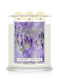 Kringle Candle French Lavender candle with lavender design on a white background