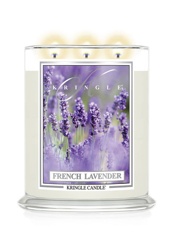 Kringle Candle French Lavender candle with lavender design on a white background