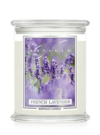 Kringle Candle French Lavender candle with lavender design on a white background