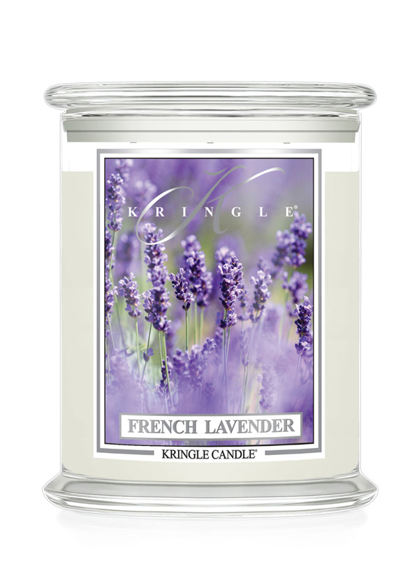 Kringle Candle French Lavender candle with lavender design on a white background