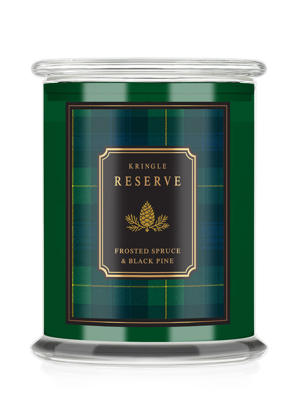 Kringle Candle Reserve green candle jar and plaid label with text "Frosted Spruce & Black Pine."