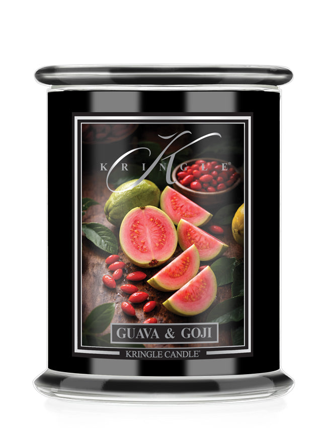 Kringle Candle Guava & Goji candle with fruit illustration on a white background