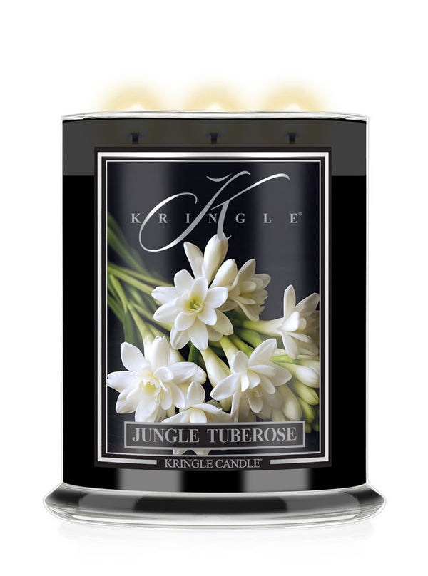 Kringle Candle Jungle Tuberose candle with floral design on a white background