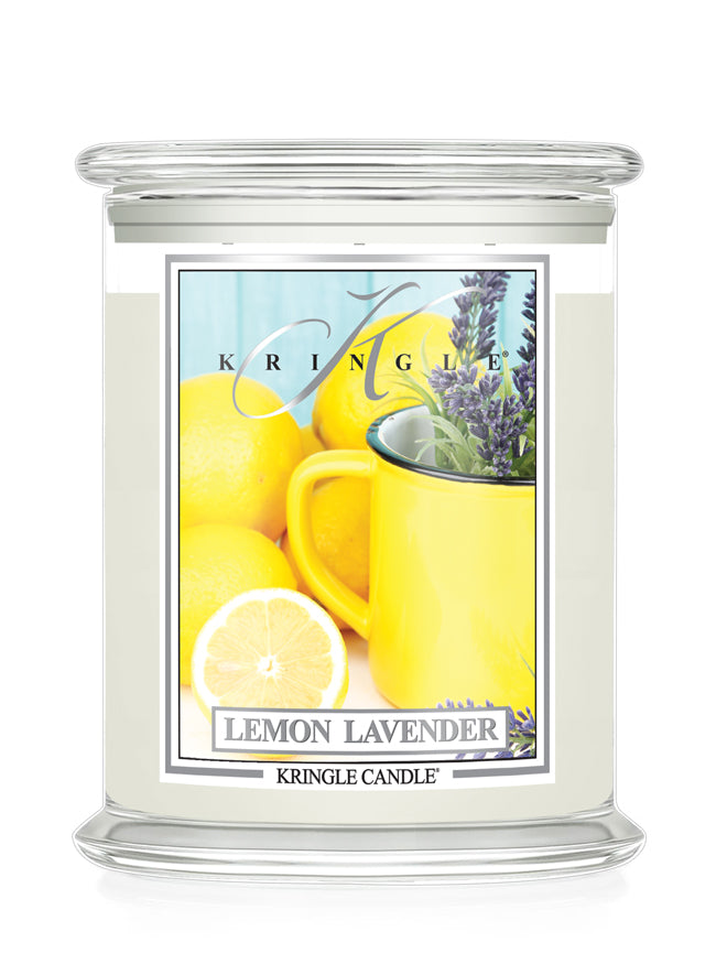 Kringle Candle Lemon Lavender candle with a lemon and lavender design on the label.
