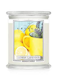 Kringle Candle Lemon Lavender candle with a lemon and lavender design on the label.