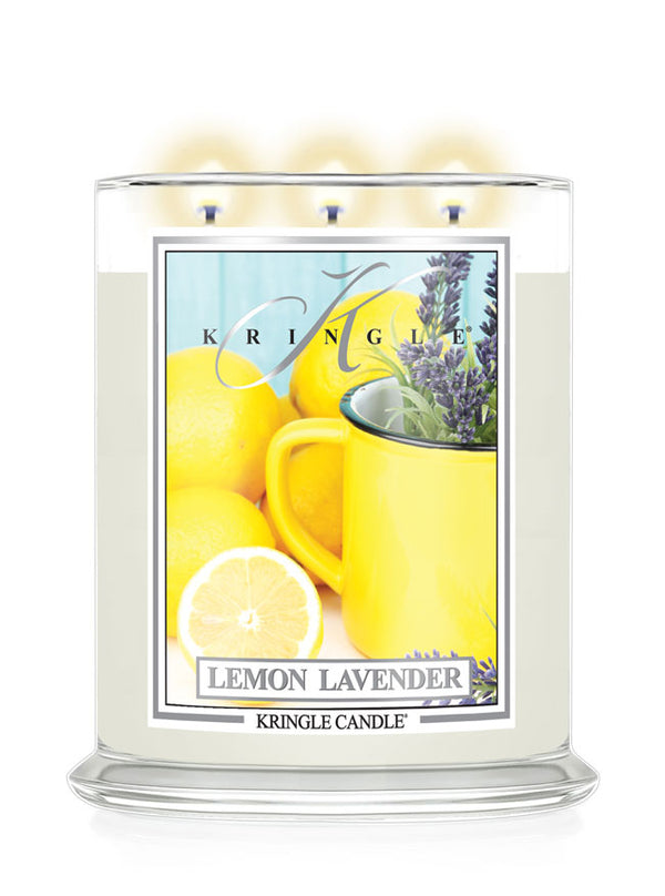 Kringle Candle Lemon Lavender candle with lemon and lavender design on a white background