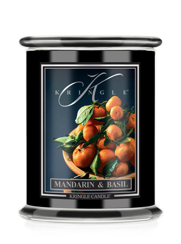 Kringle Candle with Mandarin & Basil label on a white background