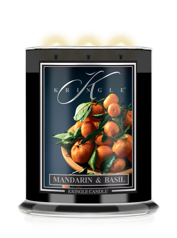Kringle Candle with Mandarin & Basil label on a white background