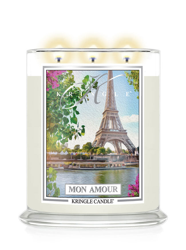 Kringle Candle Mon Amour with Eiffel Tower design on a white background