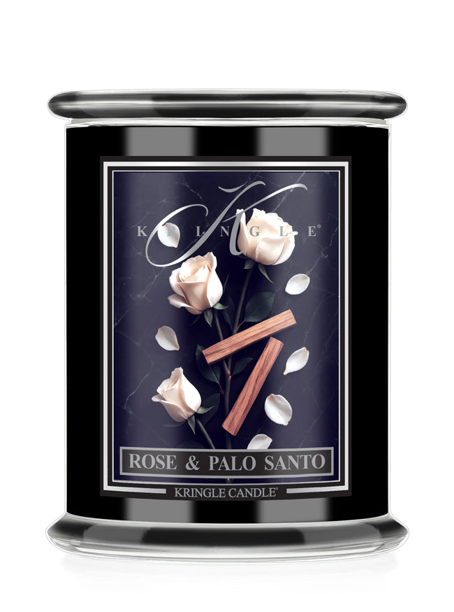 Kringle Candle with 'Rose & Palo Santo' label on a white background