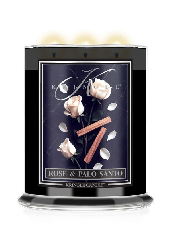 Kringle Candle with 'Rose & Palo Santo' packaging on a white background