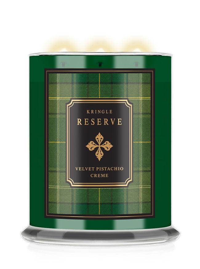 Velvet Pistachio Creme lit 3-wick Kringle Candle Reserve Green Jar with plaid label.