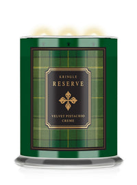 Velvet Pistachio Creme lit 3-wick Kringle Candle Reserve Green Jar with plaid label.