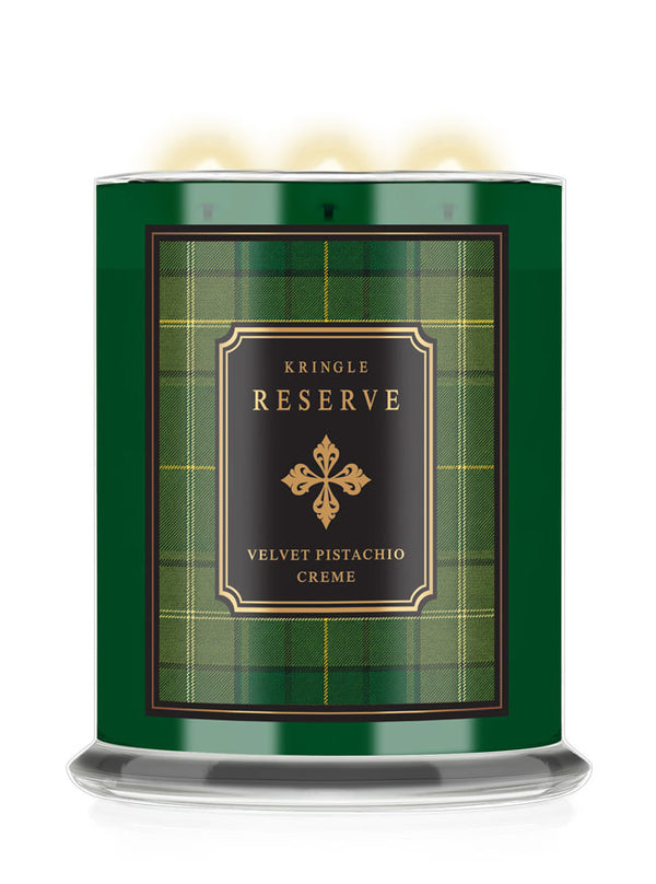 Velvet Pistachio Creme lit 3-wick Kringle Candle Reserve Green Jar with plaid label.