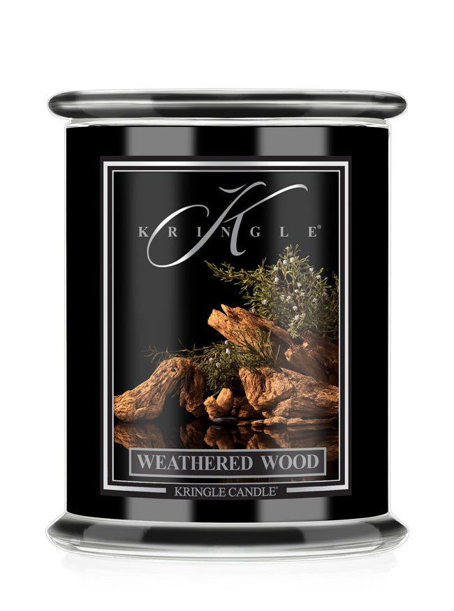 Kringle Candle in Weathered Wood scent on a white background