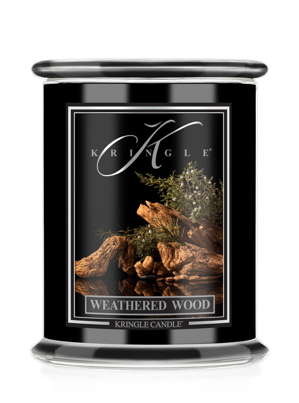 Kringle Candle in Weathered Wood scent on a white background