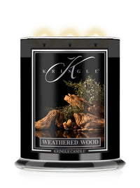 Kringle Candle with 'Weathered Wood' packaging on a white background