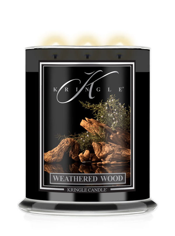 Kringle Candle with 'Weathered Wood' packaging on a white background
