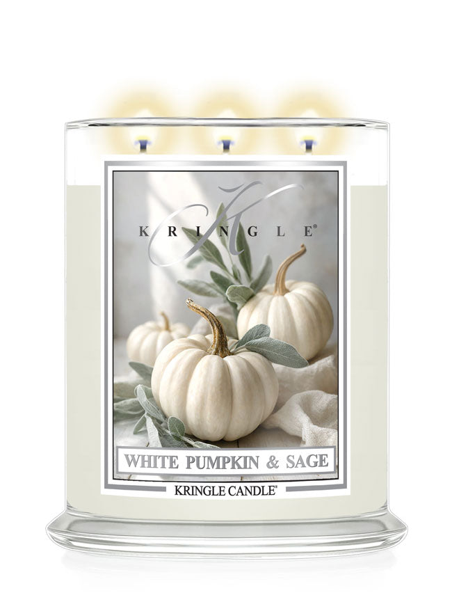 Kringle Candle with 'White Pumpkin & Sage' design on a white background