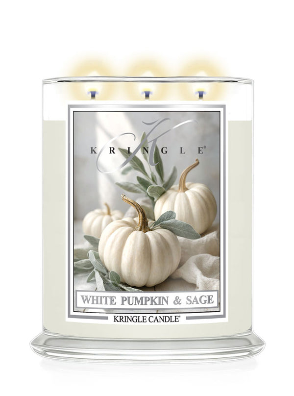 Kringle Candle with 'White Pumpkin & Sage' design on a white background