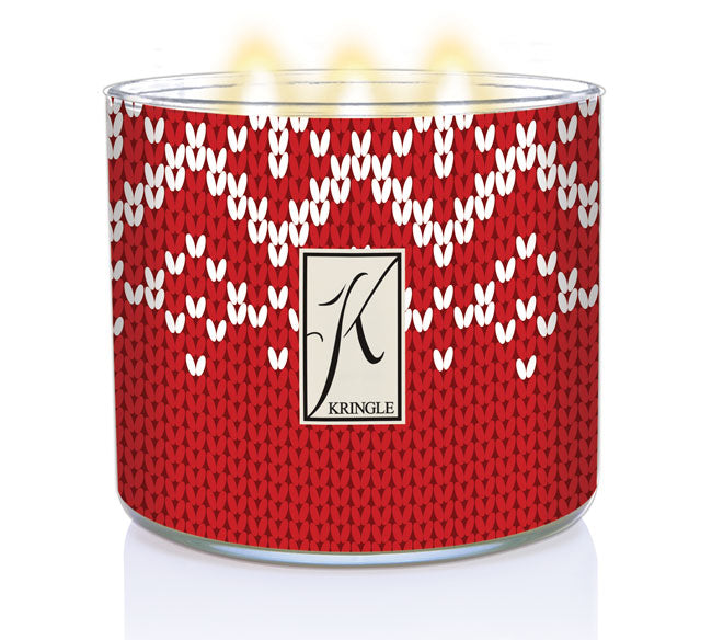 Cozy & Warm Scented 3-wick lit Candle with a red & white sweater-themed lable - Kringle Candle