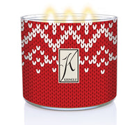 Cozy & Warm Scented 3-wick lit Candle with a red & white sweater-themed lable - Kringle Candle