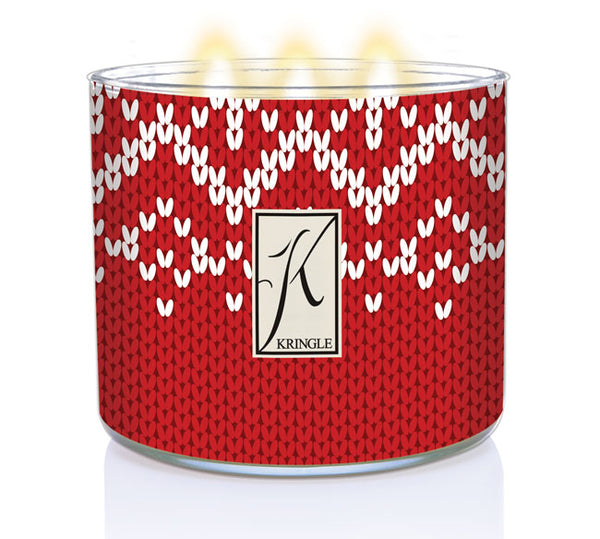 Cozy & Warm Scented 3-wick lit Candle with a red & white sweater-themed lable - Kringle Candle