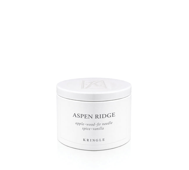 Kringle Candle jar labeled 'Aspen Ridge' on a white background