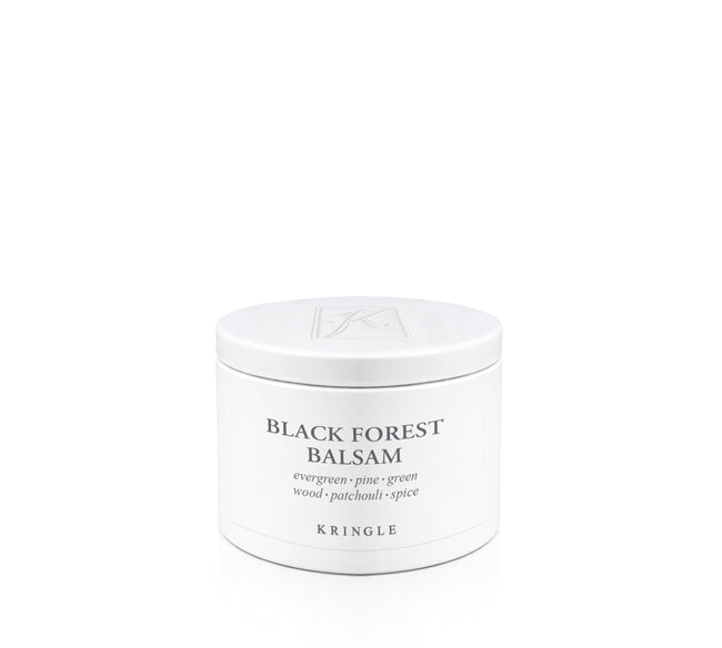A white cylindrical jar of KRINGLE Black Forest Balsam with black text on the front, set against a seamless white background.