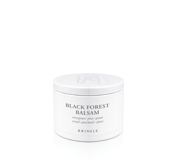 A white cylindrical jar of KRINGLE Black Forest Balsam with black text on the front, set against a seamless white background.