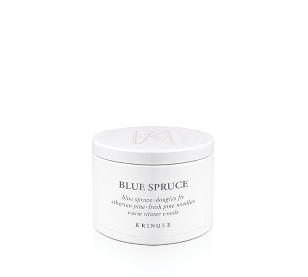 A white cylindrical tin of Kringle Blue Spruce scented candle wax with black text on a clean white background.