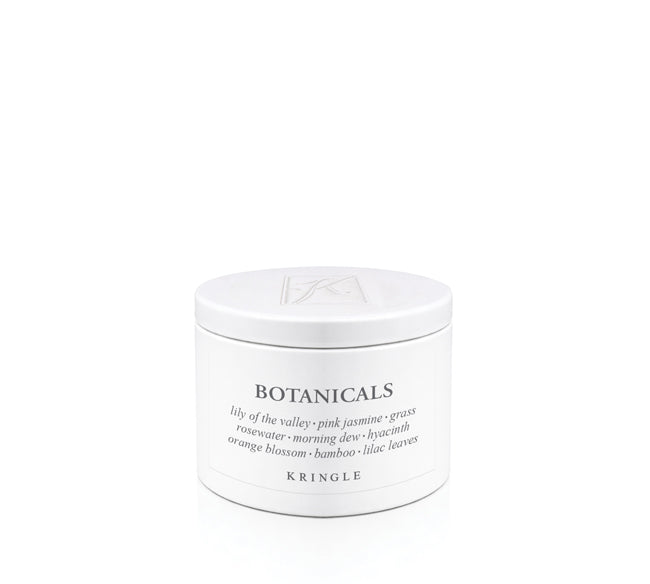 A white metal tin of Kringle Botanicals body wash with black text, set against a seamless white background.