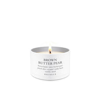 Candle labeled 'Brown Butter Pear' by Kringle on a white background